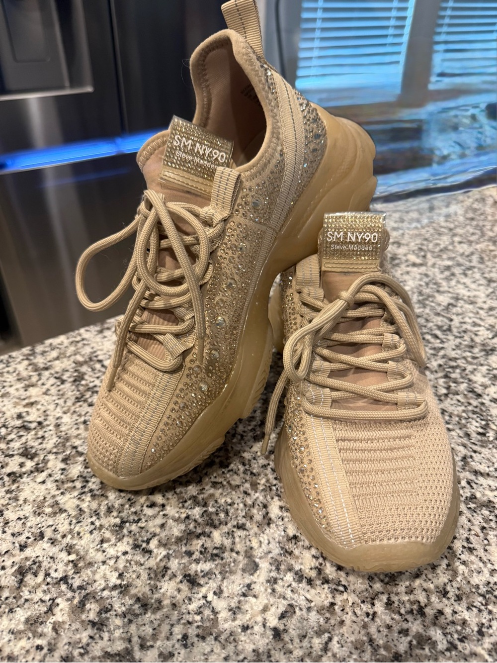 Steve Madden Beige Rhinestone Knit Sneakers